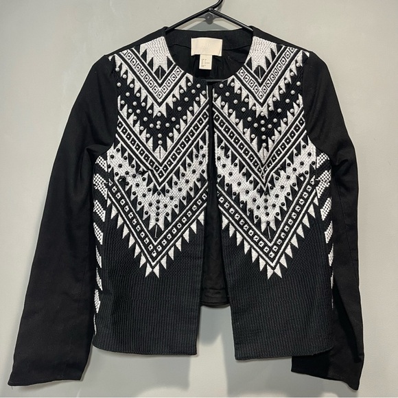 H&M Beaded Embroidered Crop Black and White Women Jacket size 4 - Picture 3 of 15
